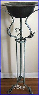 Antique 45 Tall Floral Leaf Wrought Iron Plant Stand with Copper Plant Holder Urn