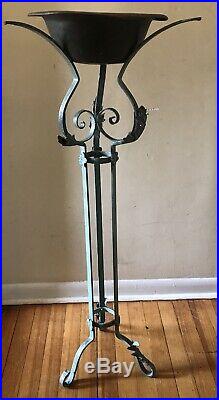 Antique 45 Tall Floral Leaf Wrought Iron Plant Stand with Copper Plant Holder Urn