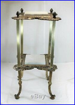 Antique Brass & Marble Plant Stand Metal 2 Tier Ornate Side Table Fern Stand