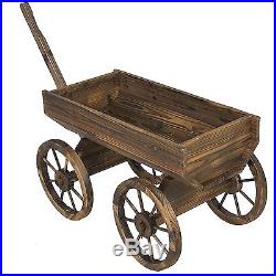Antique Brown Wood Wagon Pot Flower Planter Yard Rustic Cart Wheel Garden Decor