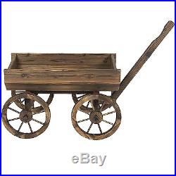Antique Brown Wood Wagon Pot Flower Planter Yard Rustic Cart Wheel Garden Decor