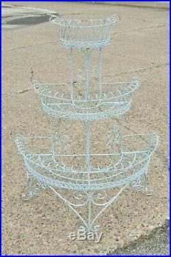 Antique French Victorian 3 Tier Blue Iron Wire Metal Planter Plant Stand