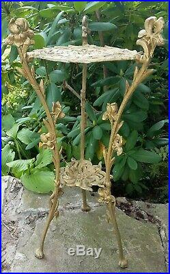 Antique Gold Gilt Pot Metal Plant Stand Figural Iris Flowers Ornate Art Nouveau