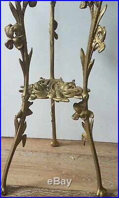 Antique Gold Gilt Pot Metal Plant Stand Figural Iris Flowers Ornate Art Nouveau