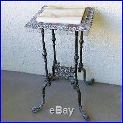 Antique Large Cast Iron Plant Stand Table Ornate With Onyx Insert Top