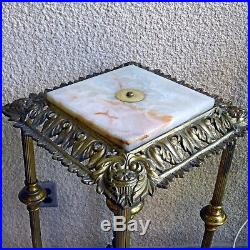 Antique Large Plant Oil Lamp Stand Table Ornate Brass Metal Onyx Insert