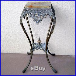 Antique Large Plant Stand Table Ornate Brass Solid Metal Onyx Or Marble Insert