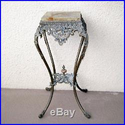 Antique Large Plant Stand Table Ornate Brass Solid Metal Onyx Or Marble Insert