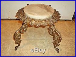 Antique Low Plant Stand Table Ornate Brass Solid Metal Onyx Or Marble Insert
