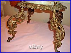 Antique Low Plant Stand Table Ornate Brass Solid Metal Onyx Or Marble Insert