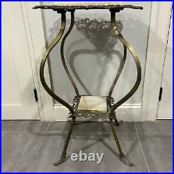 Antique Ornate Victorian Gold Tone Gilt Plant Stand With Marble Top & Shelf