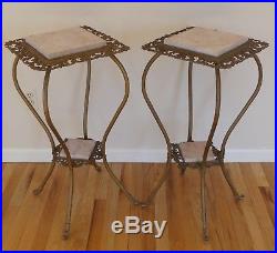 Antique Pair Victorian Plant Fern Stands Tables Ornate Metal Pink Marble Inserts