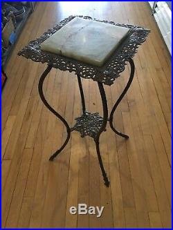 Antique Plant Stand With Marble Top And Metal 28 In Tall X 15 In Wide And Deep
