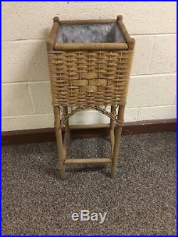 Antique Vintage Square Wicker Planter Plant Stand With Metal Insert 28 X 11