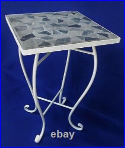 Antique/Vtg Grey & White Wrought Iron Stone Tile Top Side/End Table Plant Stand