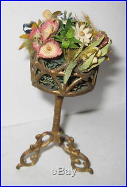 Antique doll house miniature German gilt metal small flower plant stand