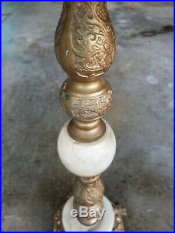 Art Deco Filigree Cast Metal and Marble Top Pedestal Plant Stand 22 Tall VTG