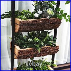 BLACK BROWN 4 Tier METAL STAND Natural WOOD PLANTERS Holders Home Decorations