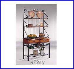 Bakers Rack With Drawers Wine Storage Black Kitchen Plant Stand Metal Shelf Wood