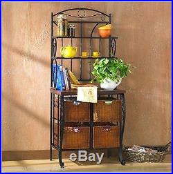 Bakers Rack With Drawers Wine Storage Plant Stand Scrolled Metal Wicker 3 Pc NEW