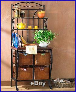 Bakers Racks For Kitchens Plant Stand Patio With Storage Iron and Wicker Baskets