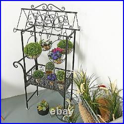 Black Metal Freestanding Scrollwork Plant Stand with 4 Hanging Flower Pot Baskets