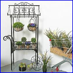 Black Metal Freestanding Scrollwork Plant Stand with 4 Hanging Flower Pot Baskets