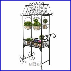Black Metal French Trolley Cart Plant Stand with 4 Hanging Flower Pot Baskets