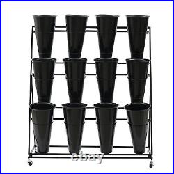 Black Metal Plant Stand 3-Tiers withWheels Plant Shelf + 12 Flower Buckets New