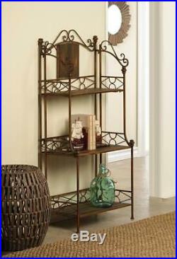 Bronze Metal & Brown Wood 3 Shelf Folding Plant Stand Bakers Rack Book Shelves