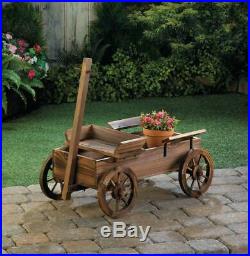 Brown WOOD Wagon ROLLING amish country cart Flower plant pot stand Planter yard