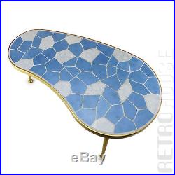 Coffee Table Plant Stand Blue Gray Tiles Metal Gold 1950s Vintage Mid-Century