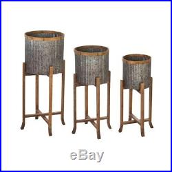 Corrugated Galvanized Metal Planter with Wood Stand Set of 3
