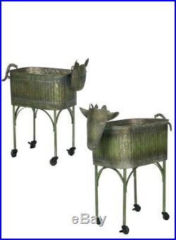 Cow and Pig Plant Stand Cart Metal Planters with Wheels