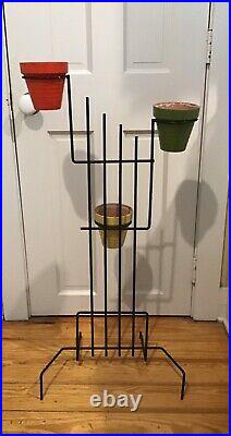 Cute Vintage 1950s MCM Metal garden patio Plant Stand + 3 Small Flower Pots 3 ft