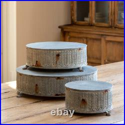 Display Tray Set 3 Risers Metal Round Vintage Antique Style French Country