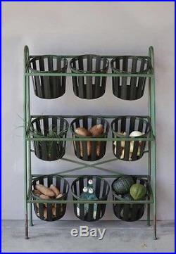 Distressed Green Metal Stand with 9 Metal Buckets