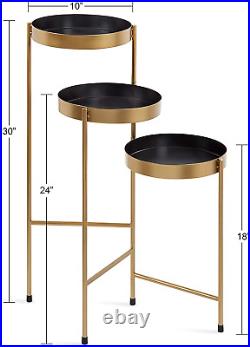 Finn Tri-Level Metal Plant Stand, Black and Gold, Decorative Hinged Tray Stand D