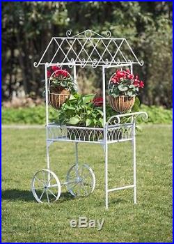 Flower Cart Iron Stand Garden Decor With Wheels For Flower Pots Durable White