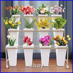 Flower Display Stand & 12PCS Buckets 3-Layer Metal Plant Stand with Wheels White