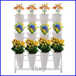 Flower Display Stand & 12PCS Buckets 3-Layer Metal Plant Stand with Wheels White