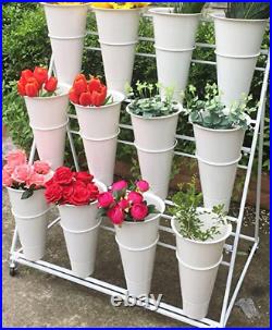 Flower Display Stand + 12PCS Buckets 3-Layer Metal Plant Stand with Wheels White
