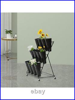 Flower Display Stand 12 X Buckets 3 Layers Metal Plant Stand With Wheels Black