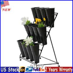 Flower Display Stand 12 x Buckets 3 Layers Metal Plant Stand with Wheels Black