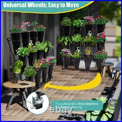Flower Display Stand 12pcs Buckets 3 Layers Metal Plant Stand with Wheels Black