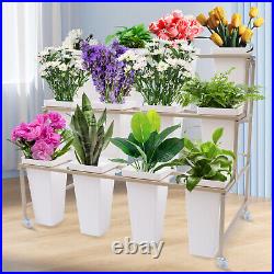 Flower Display Stand 3 Layers Metal Plant Stand with Wheels, 12 Buckets White