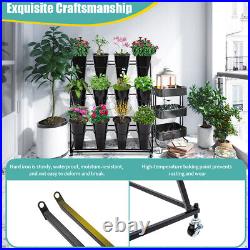Flower Display Stand Set 12 Buckets 3 Layers Metal Plant Stand with Wheels Black