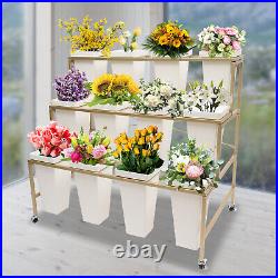Flower Display Stand With 12PCS Buckets, 3-Layer Metal Plant Stand with Wheels