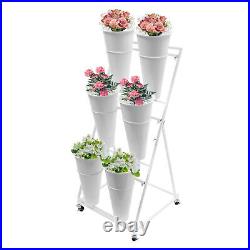 Flower Display Stand With 6PCS Buckets 3 Layers Metal Plant Stand with Wheels
