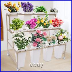 Flower Display Stand with 12 Plastic Buckets 3 Layers Metal Plant Stand with Wheels